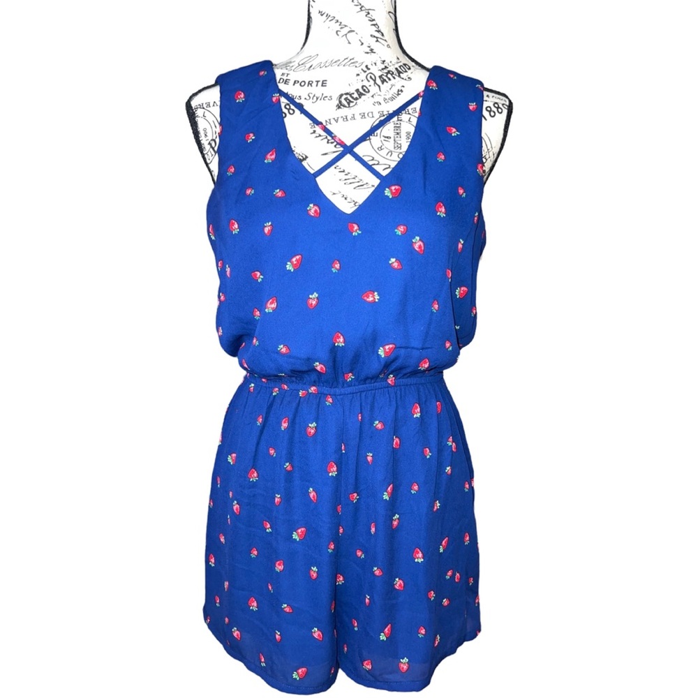 Blue Strawberry Print V-Neck Romper